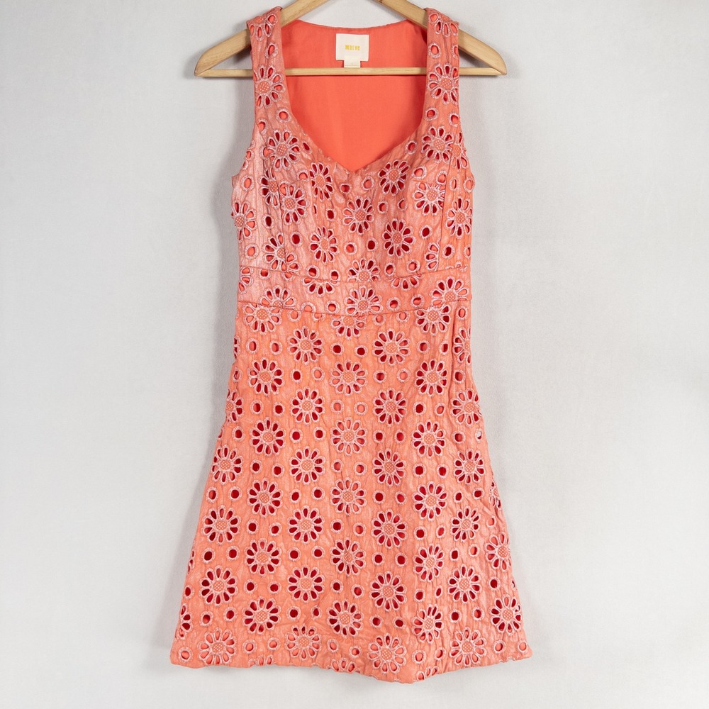 Anthropologie Maeve Coralshine Pink Eyelet Dress Size 2 Career Cocktail A Line